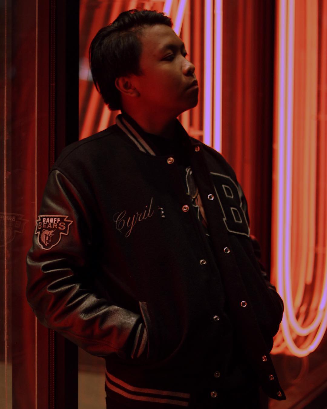 Black Leather Sleeve Varsity Jacket With Banff Bears Embroidered Patch Clothaa