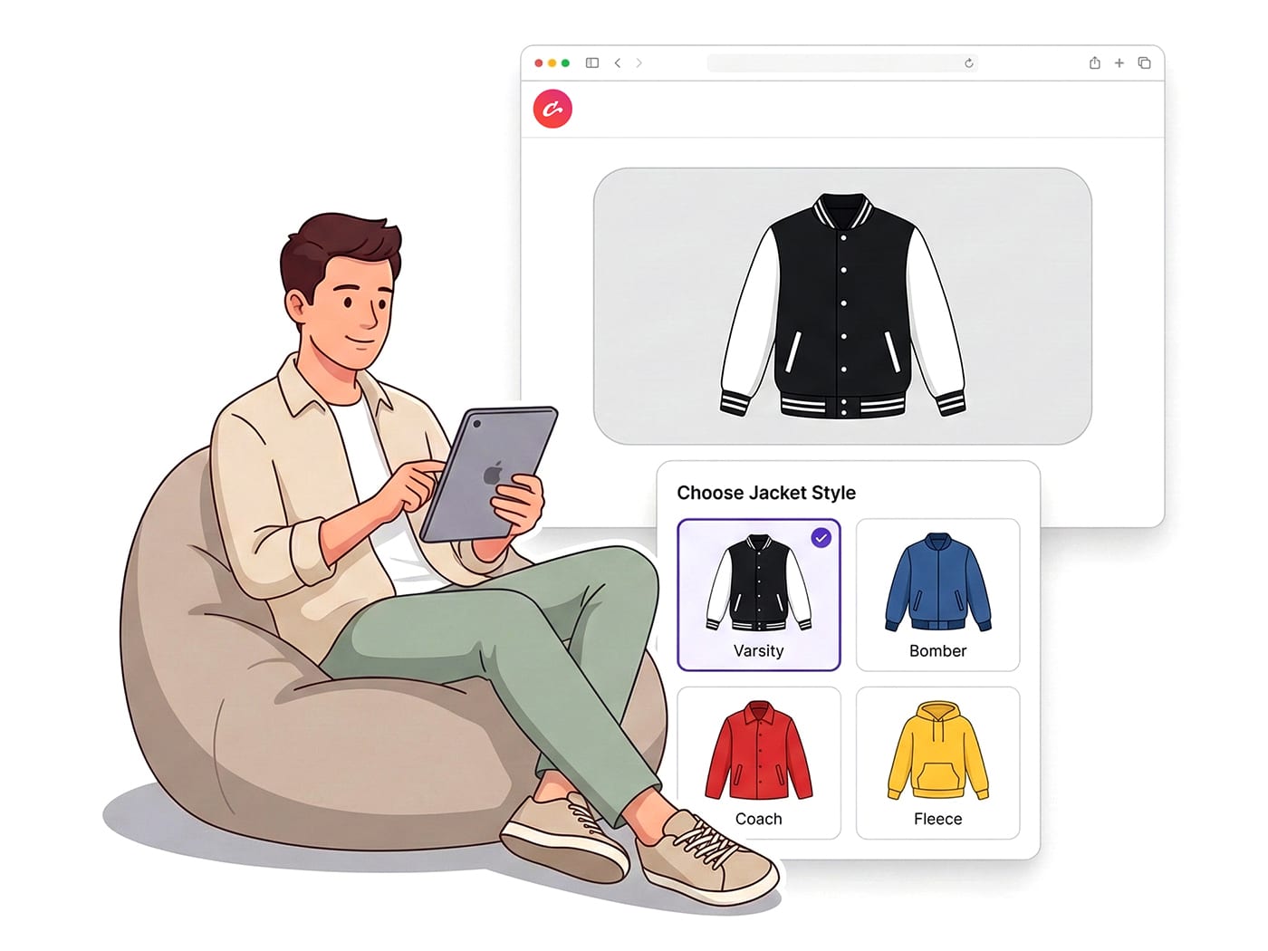 Choose a varsity jacket, bomber jacket, coach jacket, or fleece hoodie for your custom Clothaa order