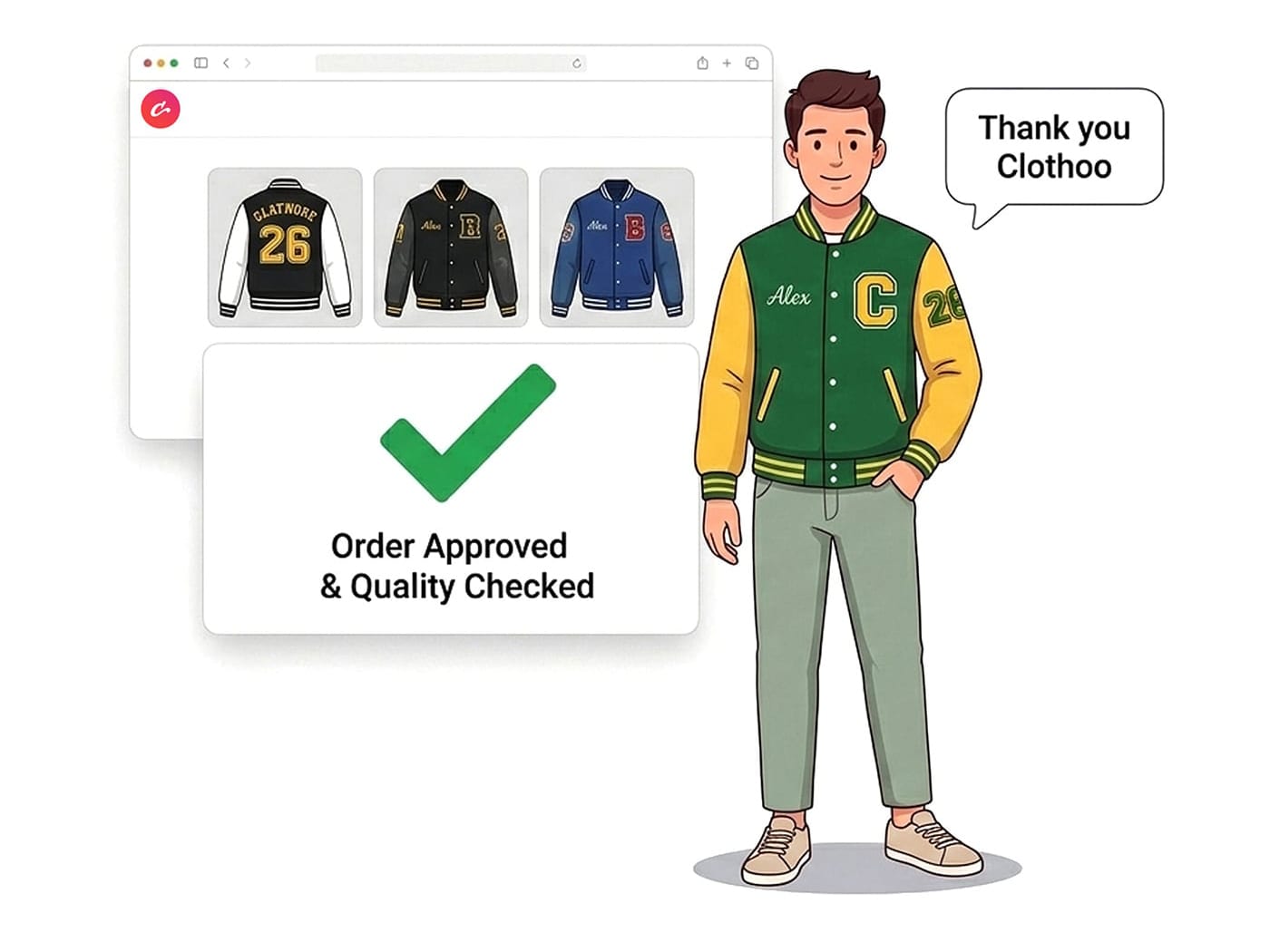 Review finished custom jacket photos and approve delivery with Clothaa